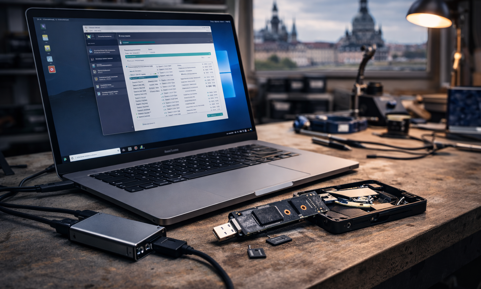 MacBook analysiert eine angeschlossene SSD auf einer Werkbank, daneben liegen eine geöffnete NVMe-SSD und ein externes SSD-Gehäuse, im Hintergrund ist die Dresdner Stadtsilhouette sichtbar.