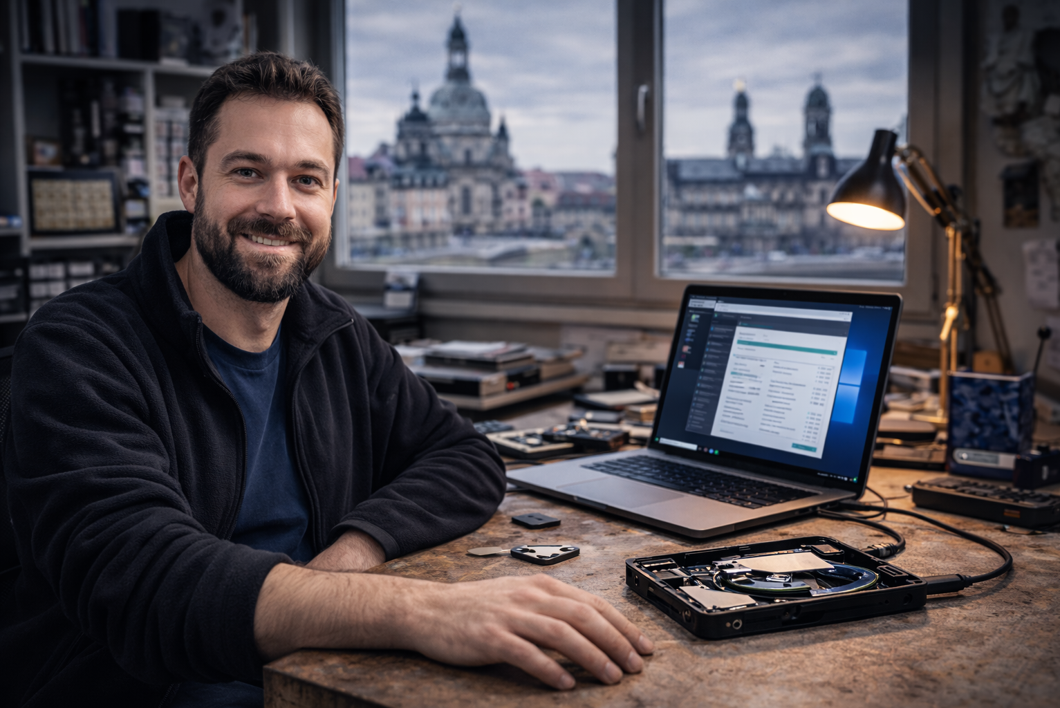 IT-Techniker in einer Werkstatt analysiert eine geöffnete Festplatte neben einem Laptop mit Datenanalyse-Software, im Hintergrund ist die Dresdner Stadtsilhouette sichtbar.
