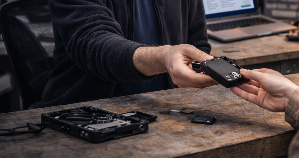 IT-Techniker übergibt einer Kundin eine externe Festplatte nach erfolgreicher Datenrettung in einer Werkstatt in Dresden.