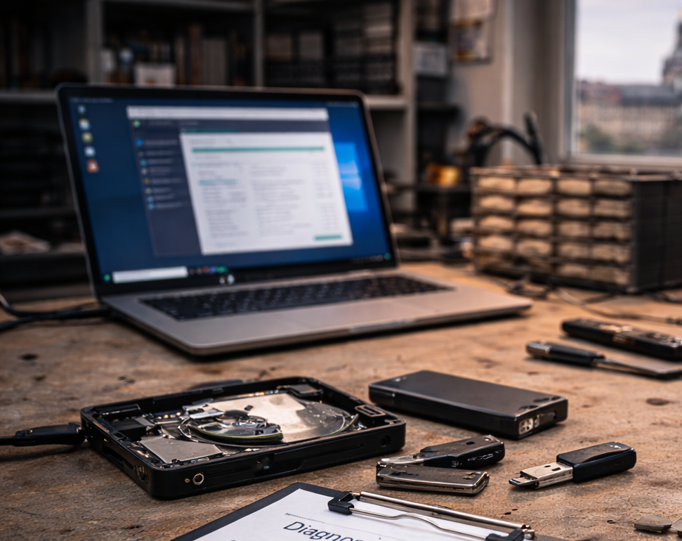 Werkbank mit geöffneter Festplatte, USB-Sticks und Diagnosebericht neben einem Laptop mit Datenanalyse-Software, im Hintergrund ist die Dresdner Stadtsilhouette sichtbar.